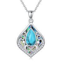 wholesale Filigree Gemstone Necklace 925 Sterling Silver Teardrop Bohemian Necklace Abalone Shell Filigree Jewelry Birthday Christmas Gifts For Women -color_name:Turquoise