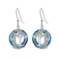 TOUPOP Sterling Silver Blue Crystal Tree Of Life Letter Drop Dangle Earrings-style_name:I Initial