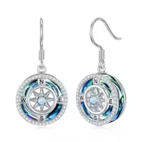 TOUPOP Sterling Silver Crystal Compass Dangle Earrings Birthday Gift For Women-color_name:A-03-March-Aquamarine