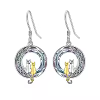 TOUPOP Sterling Silver Crystal Cat On Moon Dangle Drop Earrings-color_name:2 Cats(Silver and Yellow Gold)-Purple Crystal-02-A