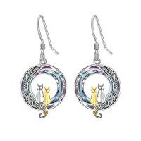 wholesale TOUPOP Cat On The Moon Earrings Sterling Silze Cut Animal Cat Dangel Drop Earrings With Circle Crystal Christmas Valentines Birthday Mothers Day Jewelry Gifts For Women Cat Lovers -color_name:2 Cats(Silver and Yellow Gold)-Purple Crystal-02-A