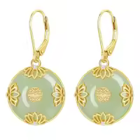 TOUPOP 14K Gold Plated Sterling Silver Round Natural Jade Earrings-style_name:A-Lotus-Jade