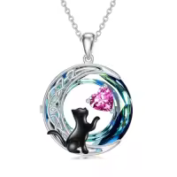 TOUPOP Sterling Silver & Birthstone Black Cat Celtic Moon Necklace-color_name:10-October-Pink Tourmaline