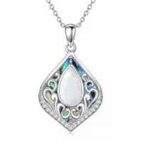 TOUPOP Sterling Silver Abalone Shell Teardrop Filigree Necklace Gift-color_name:Opal