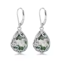 TOUPOP Sterling Silver Celtic Filigree Teardrop Leverback Earrings-color_name:Moss Agate