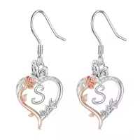 TOUPOP 925 Sterling Silver Rose Heart Butterfly Earrings Jewelry Gifts-style_name:Initial S
