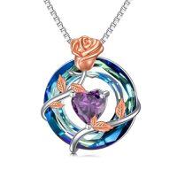 wholesale TOUPOP Birthstone Necklace For Women 925 Sterling Silver Rose Flower Pendant Blue Circle Crystal Jewelry Birthday Gifts -color_name:02-February-Amethyst
