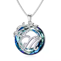 TOUPOP Sterling Silver Blue Crystal Tree Of Life Initial Letter Pendant Necklace-style_name:Alphabet M