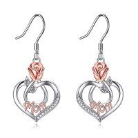 wholesale Christmas Gifts For Mom Mom Earrings With Rose Flower Love Heart 925 Sterling Silver Crystal Dangle Drop Hook Earrings Jewelry -style_name:Mom Earrings -Rose Flower