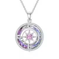 TOUPOP Sterling Silver Crystal Birthstone Compass I'd Be Lost Without You Pendant Necklace-color_name:B-Purple Circle Crystal-10-Oct-Pink Tourmaline