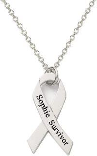 wholesale 925 Silver Pink Ribbon Breast Cancer Awareness Necklace with Crystal, 30mm Pendant, 18+2 Chain, Customizable Name, Gift Box Included-925 sterling silver-silver color