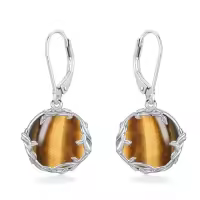 TOUPOP Sterling Silver Round Gemstone Filigree Bohemian Dangle Drop Earrings-color_name:Tiger Eye Stone