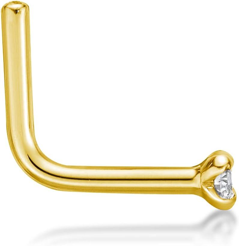 14K White Yellow Gold Natural Diamond (I2 I3) L Shaped Nose Ring 20G 0 03Ct-0-3