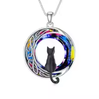 TOUPOP Sterling Silver Crystal Cat Moon Pendant Necklace-style_name:1 Cat(Black)-Volcano Crystal-01