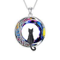 wholesale TOUPOP Cat Gifts For Cat Lovers Sterling Silver 1 2 3 4 Cats Necklace With Crystal Moon Pendant Necklace Birthday Christmas Gifts For Women Celtic Jewelry -style_name:1 Cat(Black)-Volcano Crystal-01