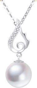 wholesale 14K White Gold Diamond & Pearl Swirl Pendant on 2mm Cable Chain (Length: Adjustable)-0-0
