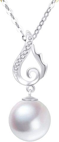 wholesale 14K White Gold Diamond & Pearl Swirl Pendant on 2mm Cable Chain (Length: Adjustable)-White Gold