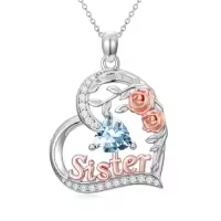 TOUPOP Sterling Silver Birthstone Heart Rose Necklace For Sister-style_name:03-March