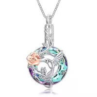 TOUPOP Sterling Silver Crystal Hummingbird Urn Necklace For Ashes-style_name:B-Purple Crystal