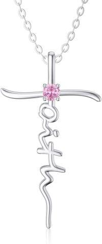 wholesale Sterling Silver Birthstone Faith Cross Necklace 18 +2 Christian Jewelry Gift-10-October