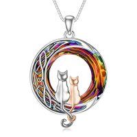 wholesale TOUPOP Christmas Cat Gifts For Cat Lovers One Two Three Four Cats Necklace Sterling Silver Cats On The Moon Pendant Necklace With Blue Circle Crystal Birthday Christmas Celtic Jewelry Gifts For Women -color_name:2 Cats(Silver and Rose Gold)-Volcano Crystal-02-A