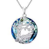 TOUPOP Sterling Silver & Stone Penguin/Turtle/Phoenix/Fox Necklace-style_name:D00-Wolf Necklace-Blue Crystal