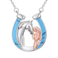 TOUPOP Sterling Silver Turquoise Horseshoe Necklace Western Cowgirl Jewelry Gift-style_name:Human and horse