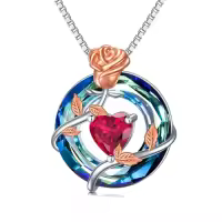 TOUPOP Sterling Silver Blue Crystal Birthstone Flower Pendant Necklace-color_name:07-July-Ruby