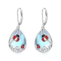 TOUPOP 925 Sterling Silver Moonstone Turquoise Butterfly Dragonfly Bee Earrings-style_name:1-Moonstone Ladybug