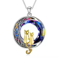 TOUPOP Sterling Silver Blue Crystal Cats On The Moon Pendant Necklace-color_name:2 Cats(Yellow Gold and Yellow Gold)-Volcano Crystal-02-E