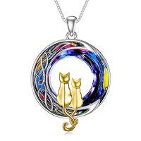 wholesale TOUPOP Christmas Cat Gifts For Cat Lovers One Two Three Four Cats Necklace Sterling Silver Cats On The Moon Pendant Necklace With Blue Circle Crystal Birthday Christmas Celtic Jewelry Gifts For Women -color_name:2 Cats(Yellow Gold and Yellow Gold)-Volcano Crystal-02-E