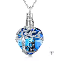 TOUPOP Sterling Silver Crystal Heart Tree Of Life Cremation Urn Necklace-style_name:Black Cat