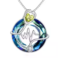 TOUPOP Sterling Silver Crystal 12 Months Birthstone Stethoscope Pendant Necklace-color_name:08-August-Peridot