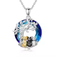 TOUPOP Sterling Silver Crysal Cat Necklace Pendant Gift-style_name:3 cats with tree of life