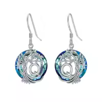 TOUPOP Sterling Silver Blue Crystal Tree Of Life Letter Drop Dangle Earrings-style_name:Q Initial