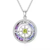 TOUPOP Sterling Silver Crystal Birthstone Compass I'd Be Lost Without You Pendant Necklace-color_name:B-Purple Circle Crystal-08-Aug-Peridot