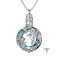 TOUPOP 925 Sterling Silver Hummingbird Urn Heart Cremation Jewelry Pendant-style_name:E-Hummingbird-Circle Crystal