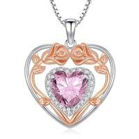 wholesale 925 Sterling Silver Heart Rose Pendant Necklace With 12 Birthstone Jewelry Birthday Anniversary Mothers Day Christmas Gifts For Her Wife Girlfriend Mom -color_name:10-Oct-Tourmaline