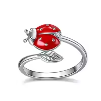 TOUPOP Sterling Silver Gemstone Bee Hummingbird Butterfly Ladybug Dragonfly Owl Open Rings-style_name:2-Ladybug