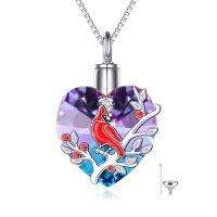 wholesale TOUPOP Red Cardinal Urn Necklace For Ashes S925 Sterling Silver Crystal Cremation Jewelry Bird Memorial -style_name:Red Cardinal Urn Necklace with Purple Heart Crystal