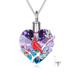 Red Cardinal Urn Necklace with Purple Heart Crystal