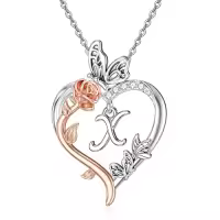 TOUPOP 925 Sterling Silver Rose Heart Butterfly Initial Necklace Gifts For Women-style_name:X Initial