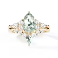 TOUPOP 10K 14K 18K Gold Natural Moss Agate Moissanite Pear Ring Set-style_name:D Moss Agate Gold Ring