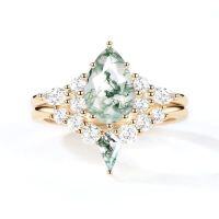 wholesale TOUPOP Natural Moss Agate Moissanite Wedding Ring Set For Women Pear Shaped Natural Moss Agate Ring Bridal Set 10k 14k 18k Solid Gold Engraved Egagement Anniversary Ring For Wife -style_name:D Moss Agate Gold Ring