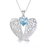 TOUPOP Sterling Silver Birthstone Angel Wings Necklace Pendant Gift-style_name:3-Mar-Aquamarine