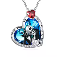 TOUPOP Sterling Silver Abalone Crystal Jack Skellington Necklace-color_name:Jack and Sally with Blue Heart Crystal