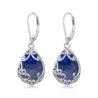 TOUPOP Sterling Silver Filigree Teardrop Leverback Birthstone Earrings-style_name:Lapis Lazuli