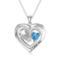 TOUPOP Sterling Silver & Stone Pendant Necklace For Women-style_name:Butterfly Heart Necklace