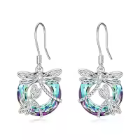 TOUPOP Sterling Silver Crystal Dragonfly Circle Dangle Drop Earrings-color_name:Purple