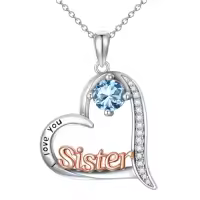 TOUPOP Sterling Silver Birthstone Heart Necklace Sister Gift For Women-color_name:03-March-Aquamarine